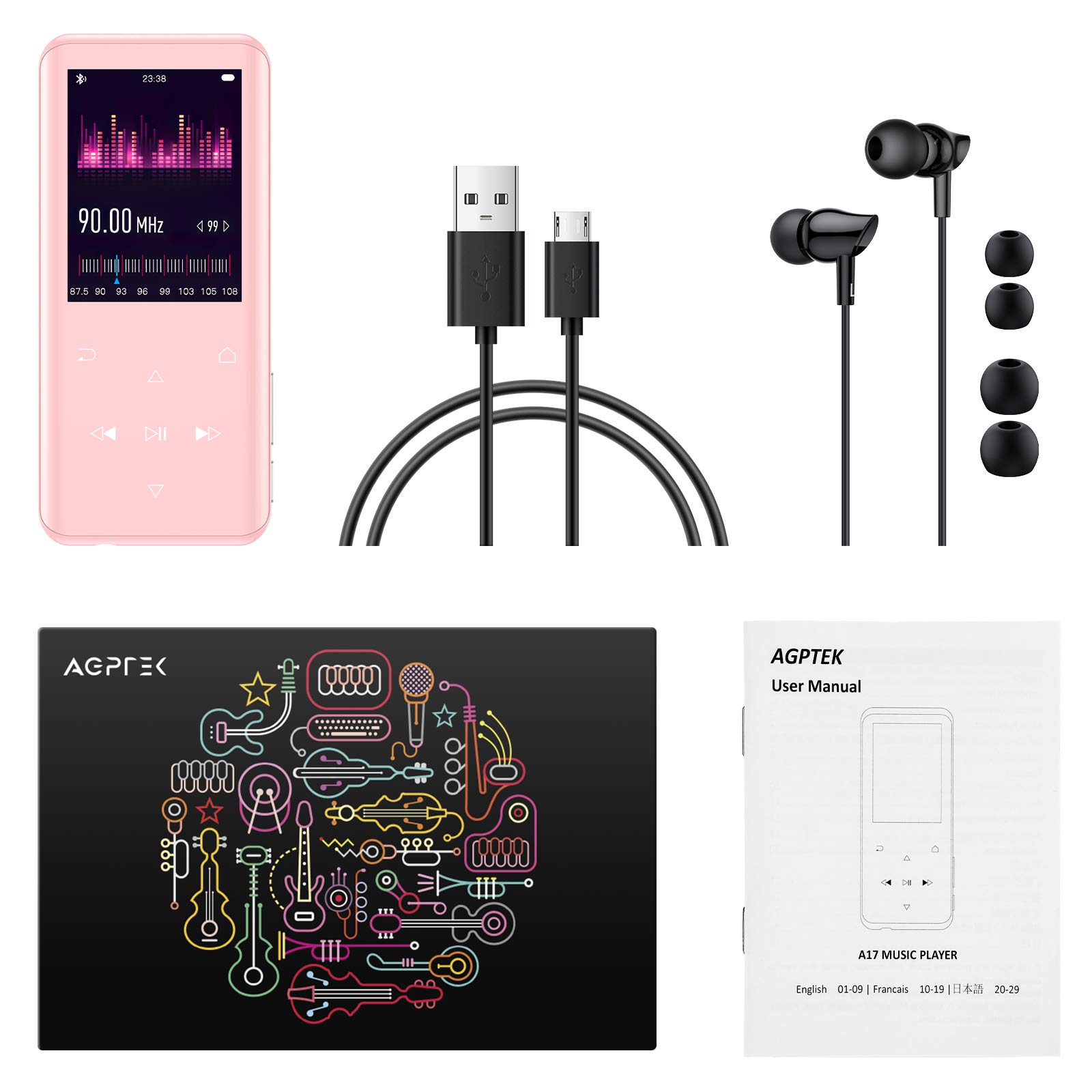 AGPTEK 128GB MP3 Player with Bluetooth, K3 2.4 inch Music Player with Speaker and FM Radio, One-Click Recording, Supports Up to 256GB(Pink)