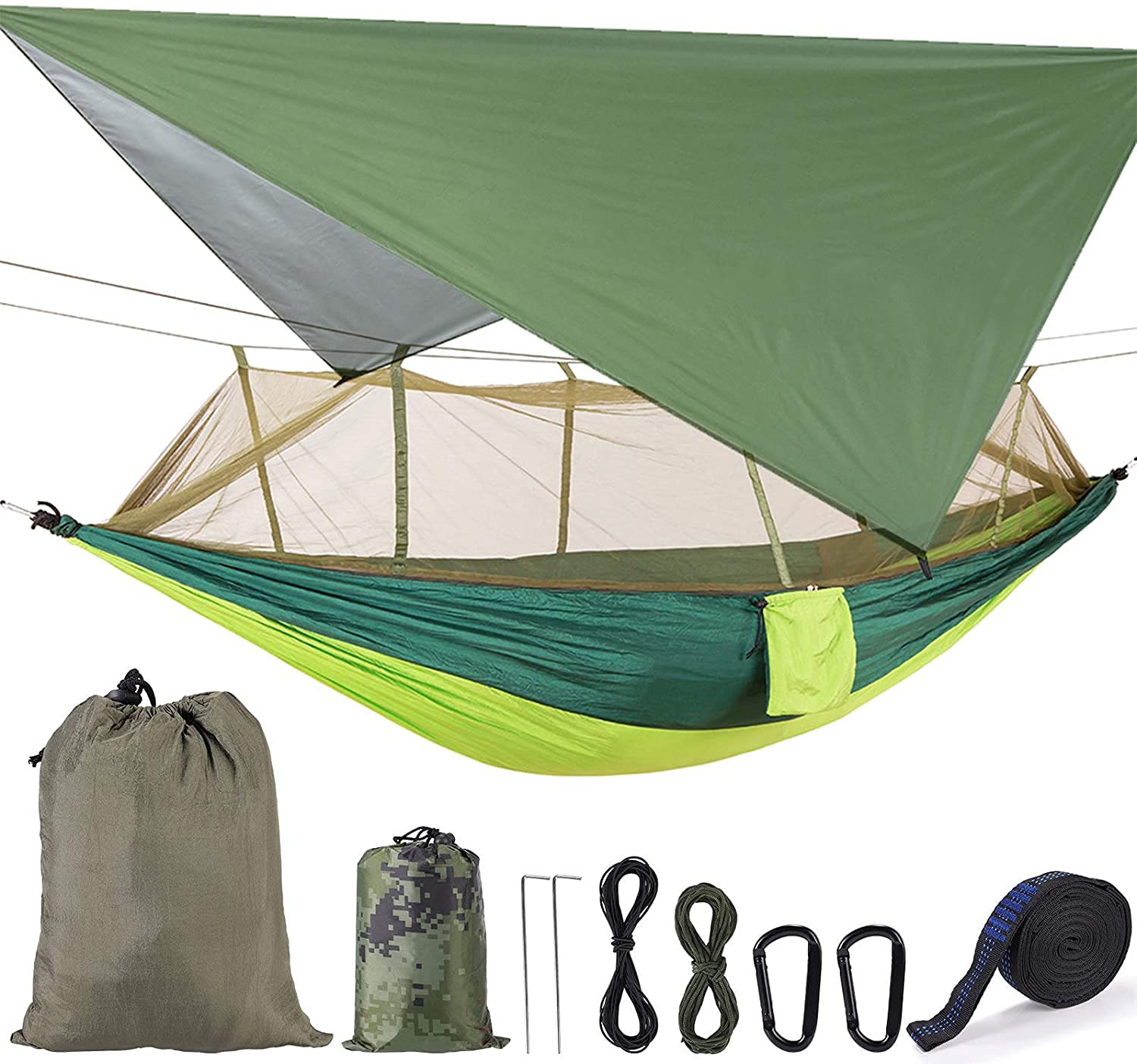 Camping Hammock with Mosquito Net and Rain Fly 200kg Load Capacity 260 x 140 cm Nylon Double Hammock Waterproof Lightweight Portable for Backpacking Hiking Fishing Outdoors Garden(Colorblock)