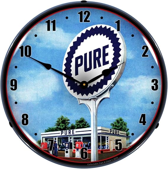 Pure Gas Station LED Wall Clock, Retro/Vintage, Lighted, 14
