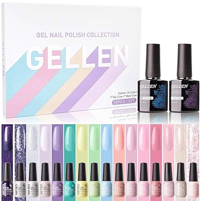 Gellen Gel Nail Polish Kit 16 Colors With Top Base Coat - Popular Summer Bright Candy Nail Gel Collection, Solid Sparkles Glitters UV Nail Gel Colors Manicure Set