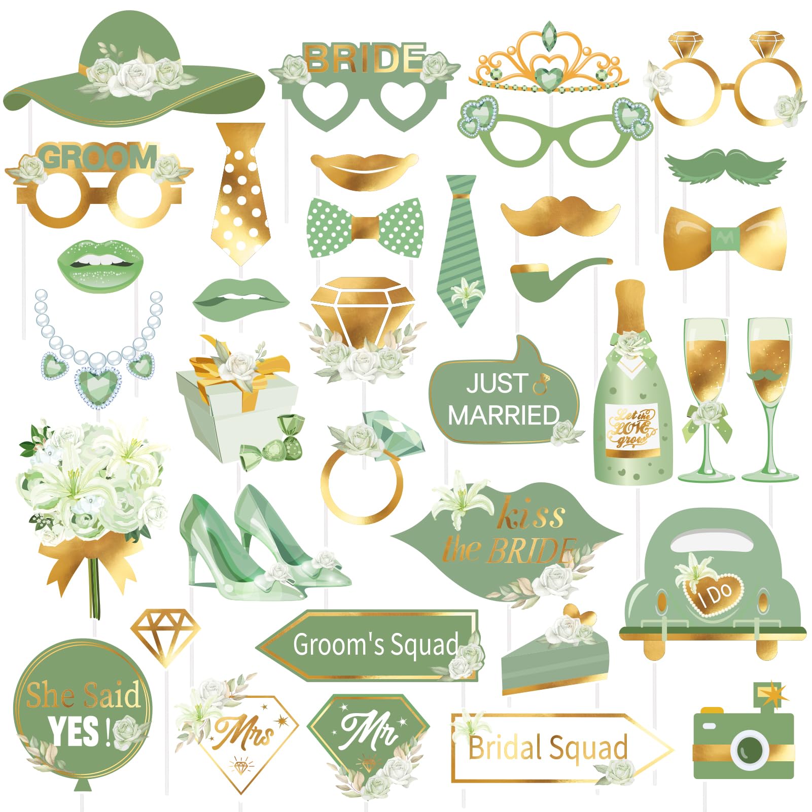 SUNBEAUTY 38 PCS Sage Green Photo Booth Props for Wedding, Bridal Shower, Engagement Party & Ceremony Decorations