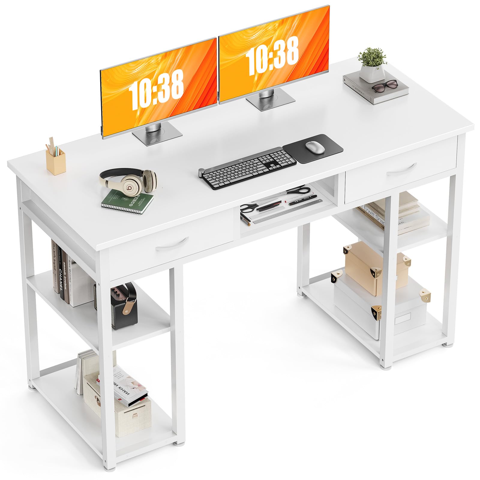 DUMOS Office Computer Desk Small 48 Inch Home Table Writing Bedroom Student Kids Wooden Deskboard with Fabric Drawers & Storage Shelves,Simple Modern Style Wood Tabletop Compact Space