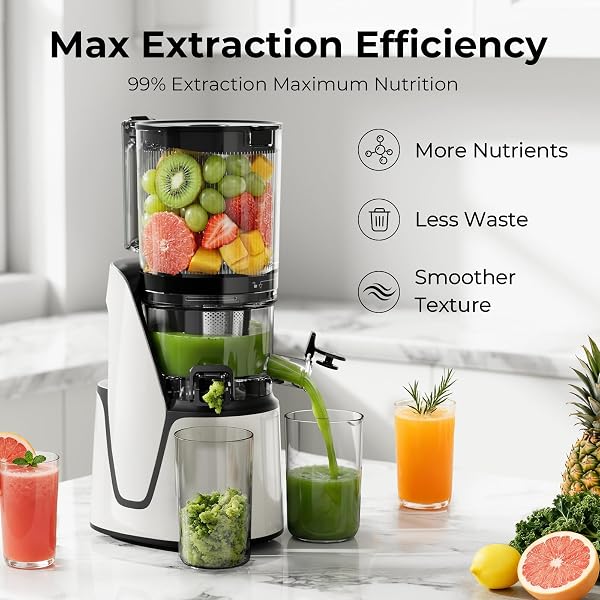 EANORUUS JUICER MACHINES, 3-IN-1 COLD PRESS JUICER WITH 6.5″ EXTRA LARGE CHUTE, 100OZ LARGE CAPACITY, AC MOTOR, MAKES JUICE, NUT MILK & SORBET, BRIGHT WHITE