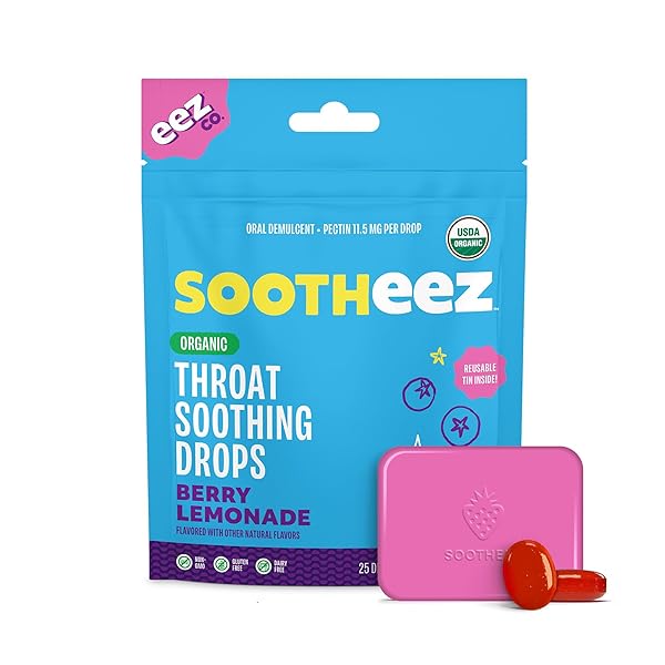 SOOTHEEZ ORGANIC THROAT SOOTHING DROPS FOR ADULTS, BERRY LEMONADE, 25 COUNT, REFILLABLE, GREAT TASTING DROPS THAT SOOTH SORE THROATS
