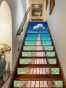 FLFK 3D Blue Ocean Wood Bridge Pier Self-Adhesive Staircase Stickers Mural Vinyl Wallpaper Decals 39.3Inch x7.08Inch x 13PCS