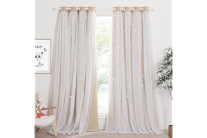 NICETOWN Nursery Curtains for Kids, Farmhouse Blackout Curtain Panels for Bedroom, Double Layer Star Hollow-Out Grommet Aesthetic Living Room Toddler Window Curtains, 2 Pcs, W52 x L84, Biscotti Beige