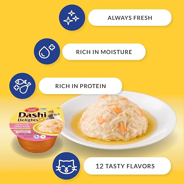 INABA DASHI DELIGHTS FOR CATS, SHREDDED CHICKEN WITH BONITO FLAKE BROTH, 2.5 OUNCE CUP, 12 CUPS TOTAL, CHICKEN VARIETY