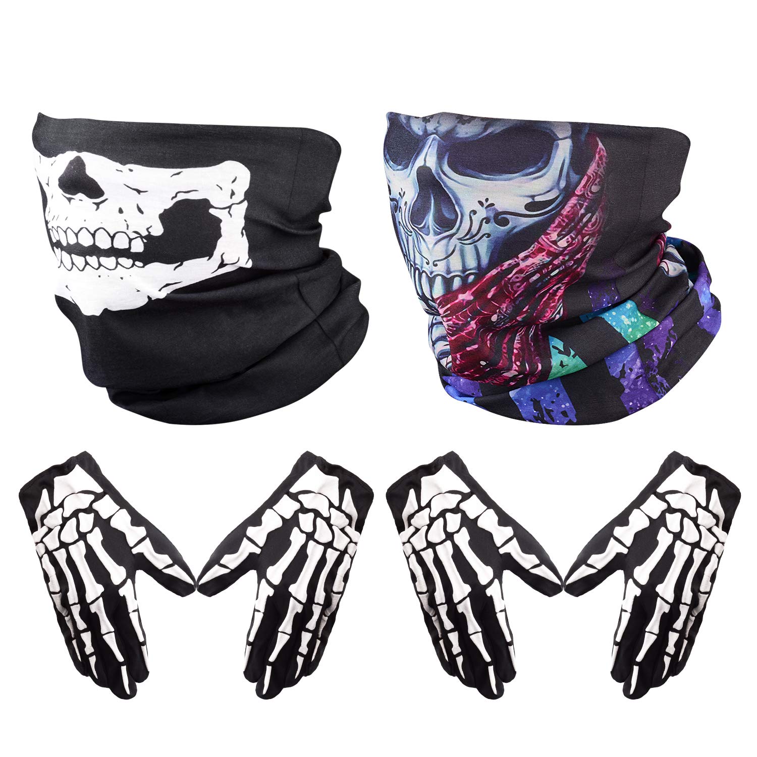 ZOYLINK 2 Set Weiß Schädel Gesichtsmaske und Skelett HandschuheGeist Multifunktionstuch Motorradmaske Sturmmaske Schwarz für Halloween Fasching Karneval Party Kostüm