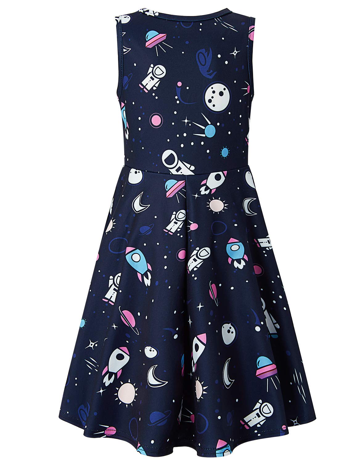 Leapparel Kid Girls Dress Round Neck Skirt Space Dresses Cotton Cartoon Sundress 3D Print A Line Clothes Wedding Picnic Dresses Planet Frocks 6-7 Years Old