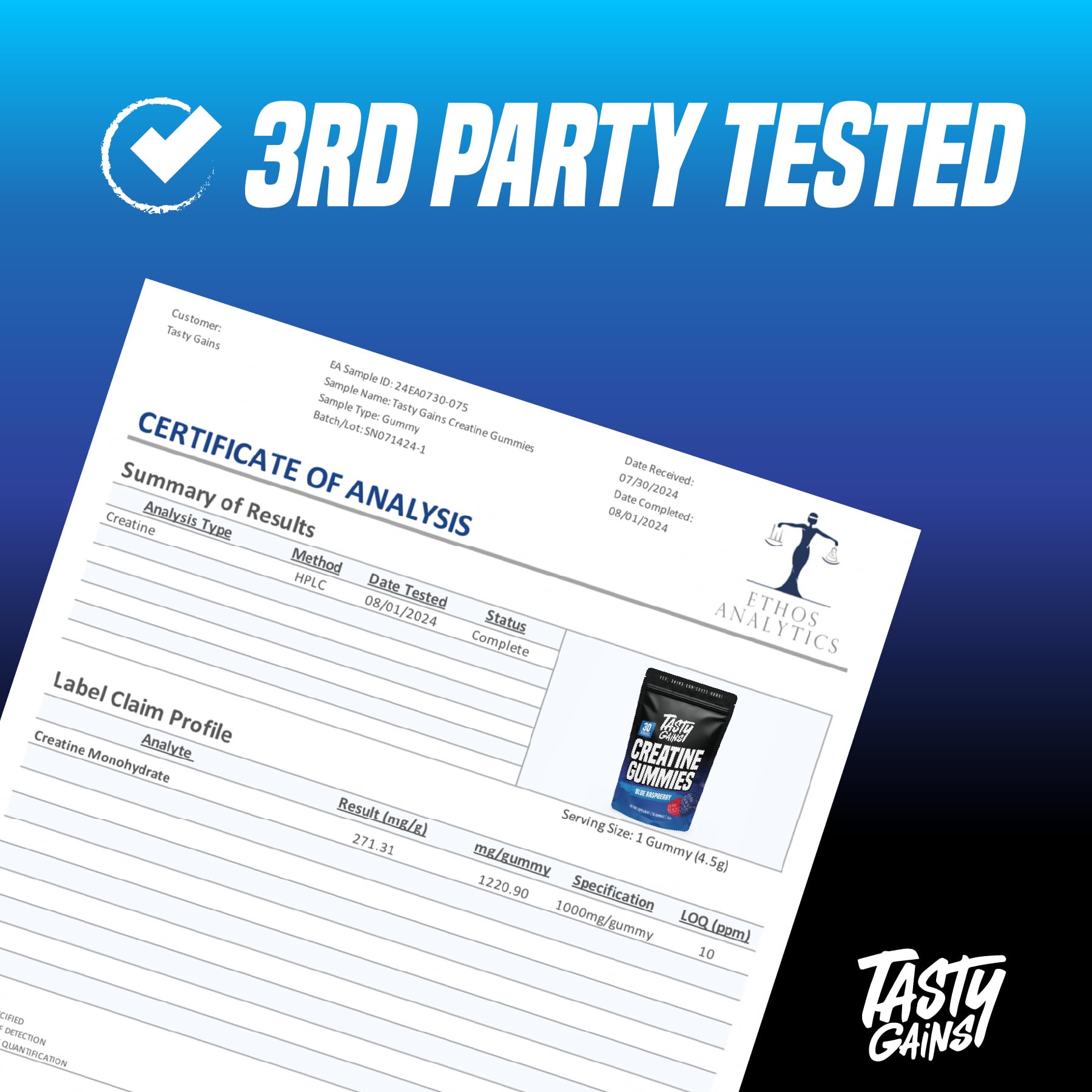 TASTY GAINS Creatine Gummies - 90g of Creatine Monohydrate - Workout Supplements - Build Muscle & Boost Strength for Men & Women - Made in USA - Non GMO - Vegan Friendly (Large, Blue Raspberry)