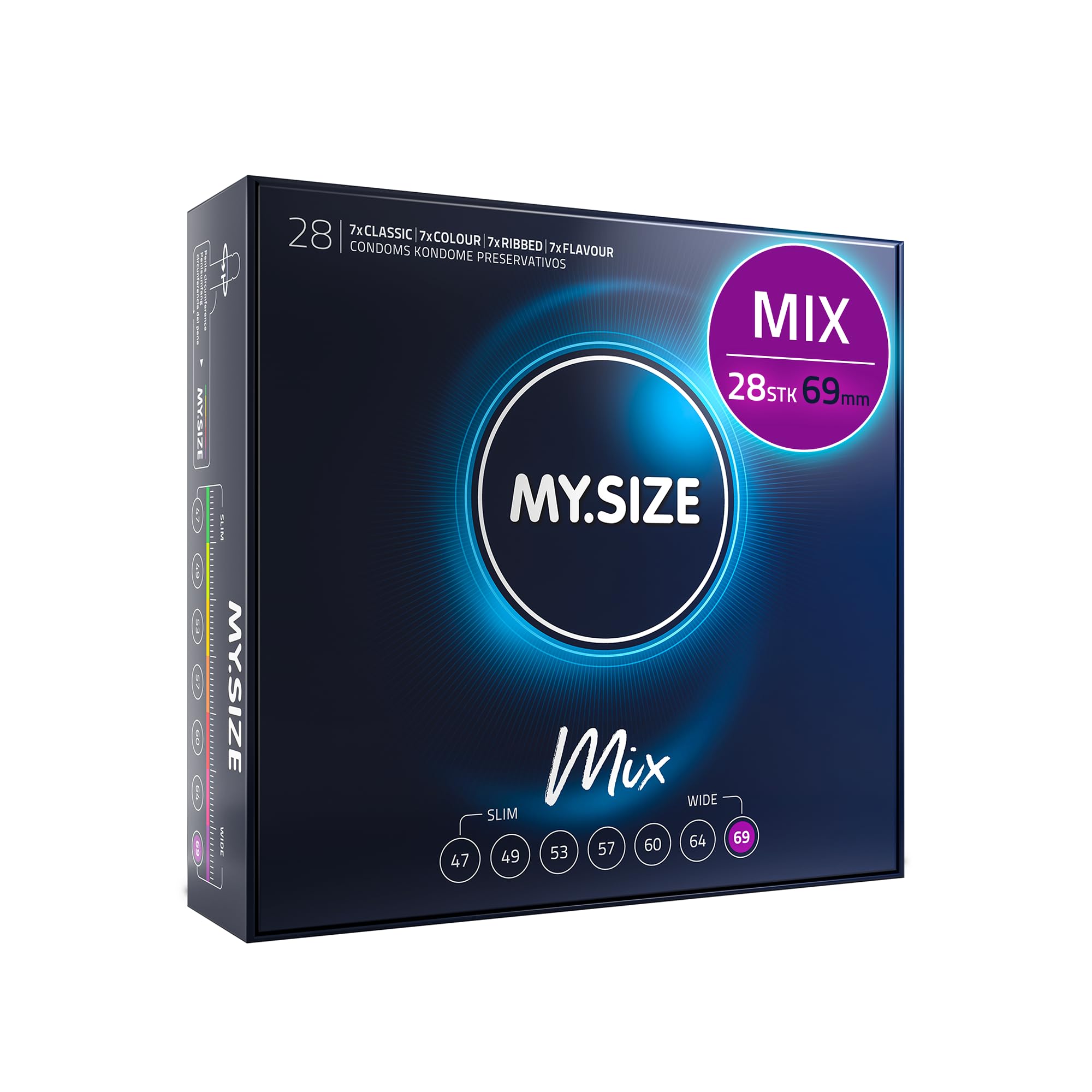 My.Size Mix Kondome Größe 7, 69 mm, Großpackung, | 28 Stück | Condome in 4 aufregenDen Sorten, mit Aroma, Farbe, Genoppt & Classic