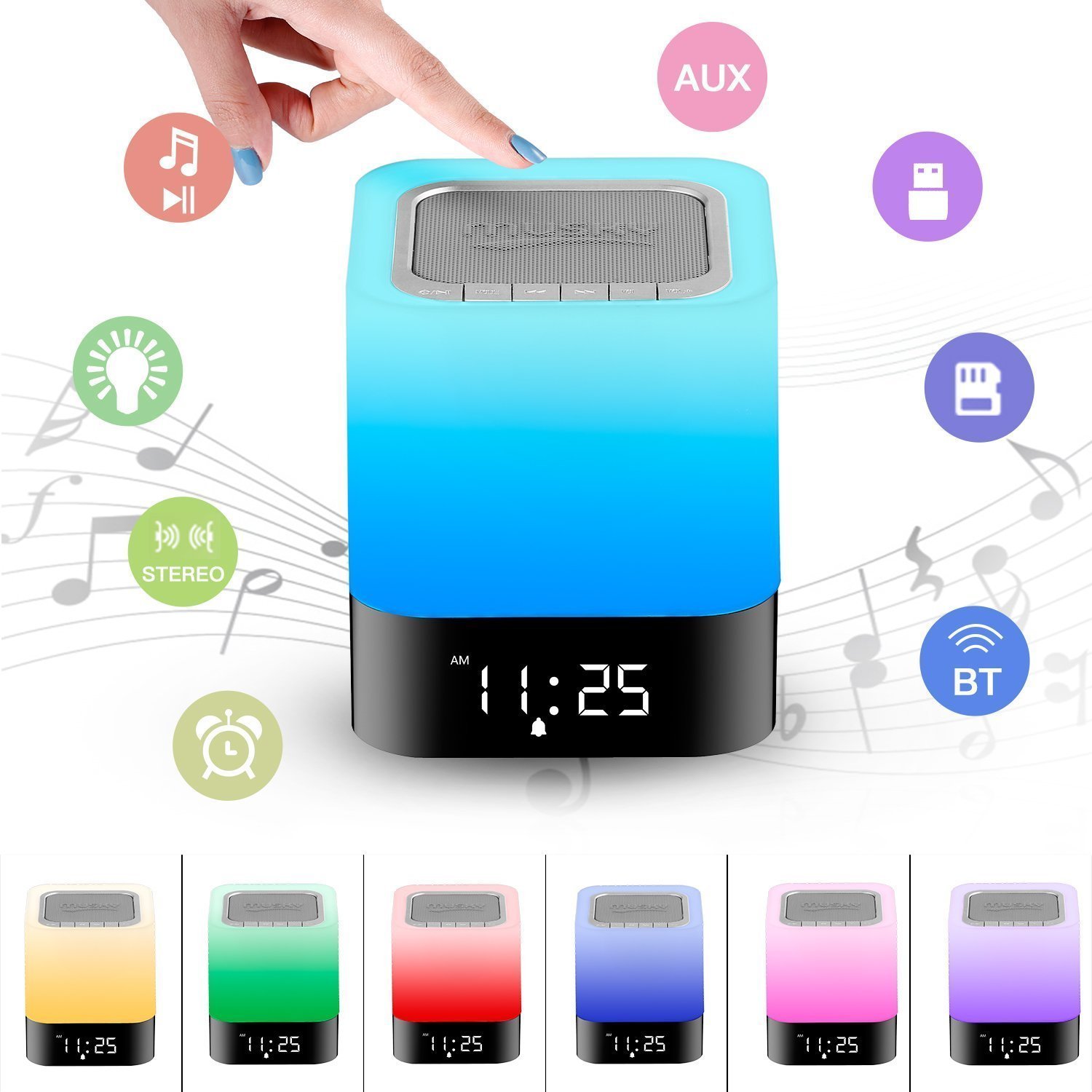 Bluetooth Speaker Alarm Clock, LED Touch Sensor Bluetooth Color Changing Speaker Atmosphere Control Lamp Dimmable Warm White Light & Color Changing RGB, TF Card, AUX Supported, Hands-free Speakerphone