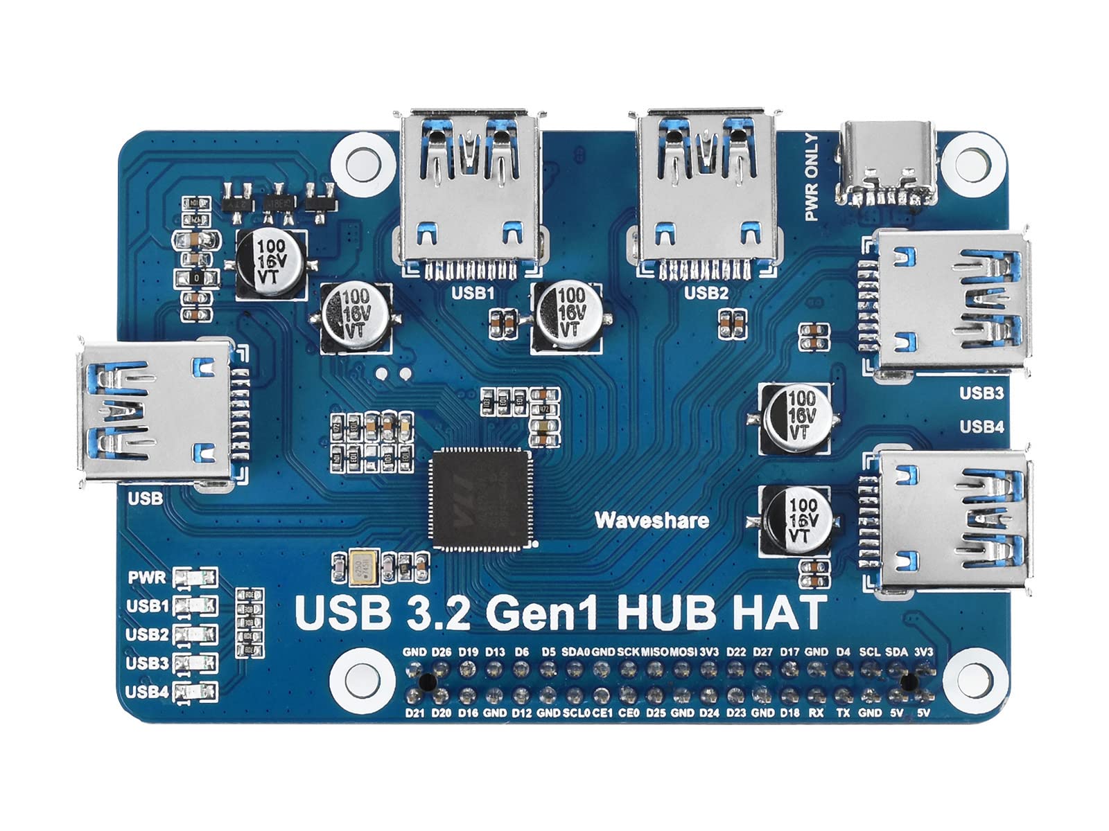 Waveshare USB 3.2 Gen1 HUB HAT for Raspberry Pi Zero/Zero W/4B/3B/3B+, with 4x USB 3.2 Gen1 Ports Up To 5 Gbps Data Rate Support Driver-Free Plug and Play USB Capability Expansion Board