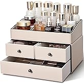 KINGFOM Leather Makeup Organizer with 3 Drawers, 2 Tier Cosmetic Storage Organizer for vanity Dresser Countertop and Bathroom Vanity, Beauty Holder for Lipstick Brush Skincare (Beige)