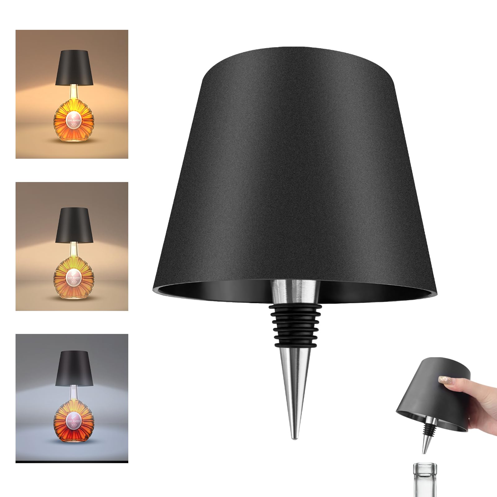 CNMTCCO Wireless Bottle Lamp with Touch Adjustment - Warm 3000k, Neutral 4500k, Cold White 6000k LED - Rechargeable for Bars, Restaurants, Outdoor Decoration (Black, 1-Pack)