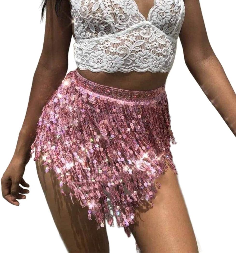 Ruiuzioong Belly Dance Skirt Hip Skirt Tassel Scarf Sequin Wrap Rave
