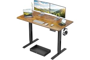 Marsail 48x24 Electric Standing Desk with Drawer, Computer Desk, Sit Stand Office Table with Storage & Hooks & Cable Management, Ergonomic Height Adjustable Table for Home Office, Brown