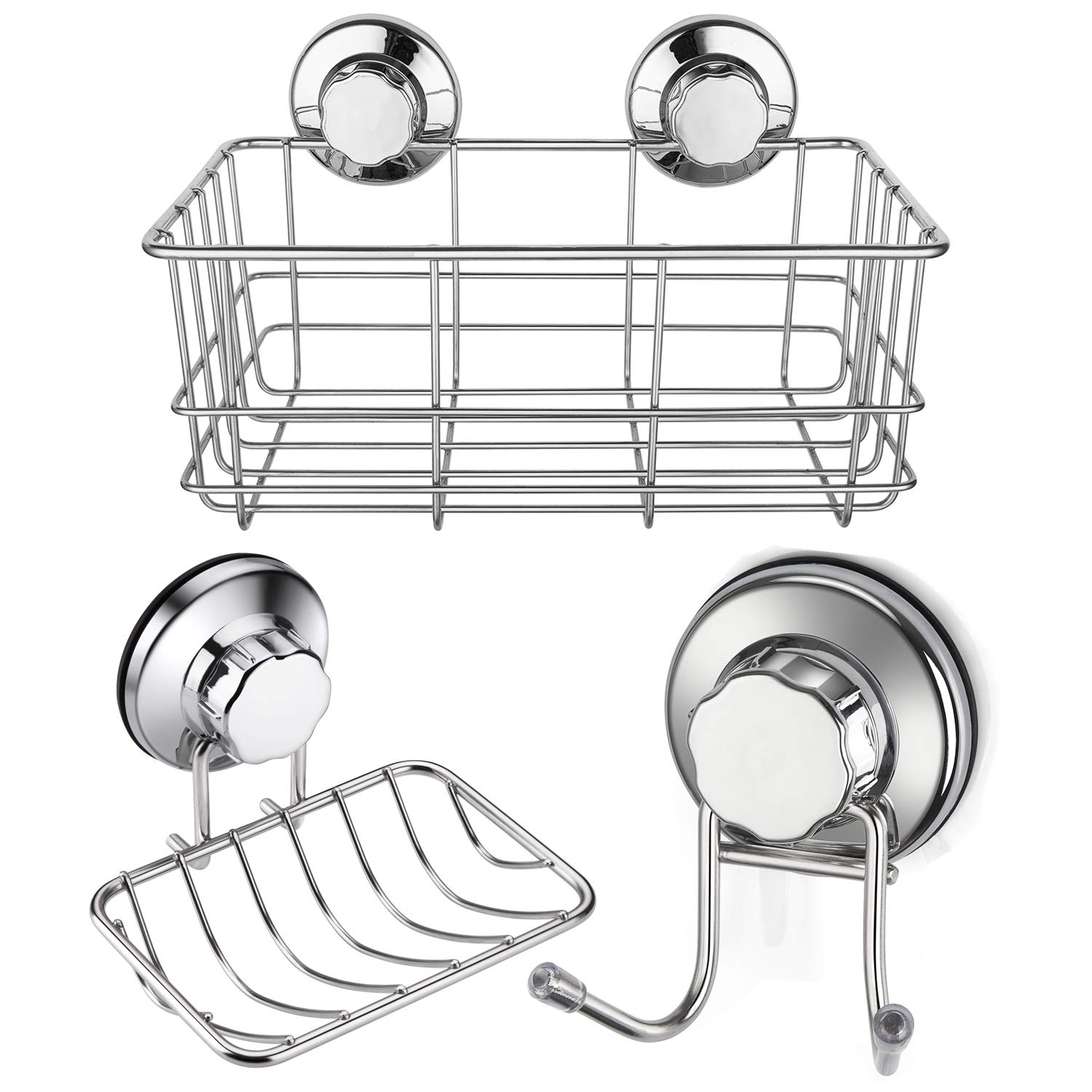 iPEGTOP Strong Suction Cup Combo Shower Caddy Bath Shelves Storage & Soap Dish Holder & Double Towel Hooks Stainless Steel for Bathroom Kitchen Accessories, Set of 3