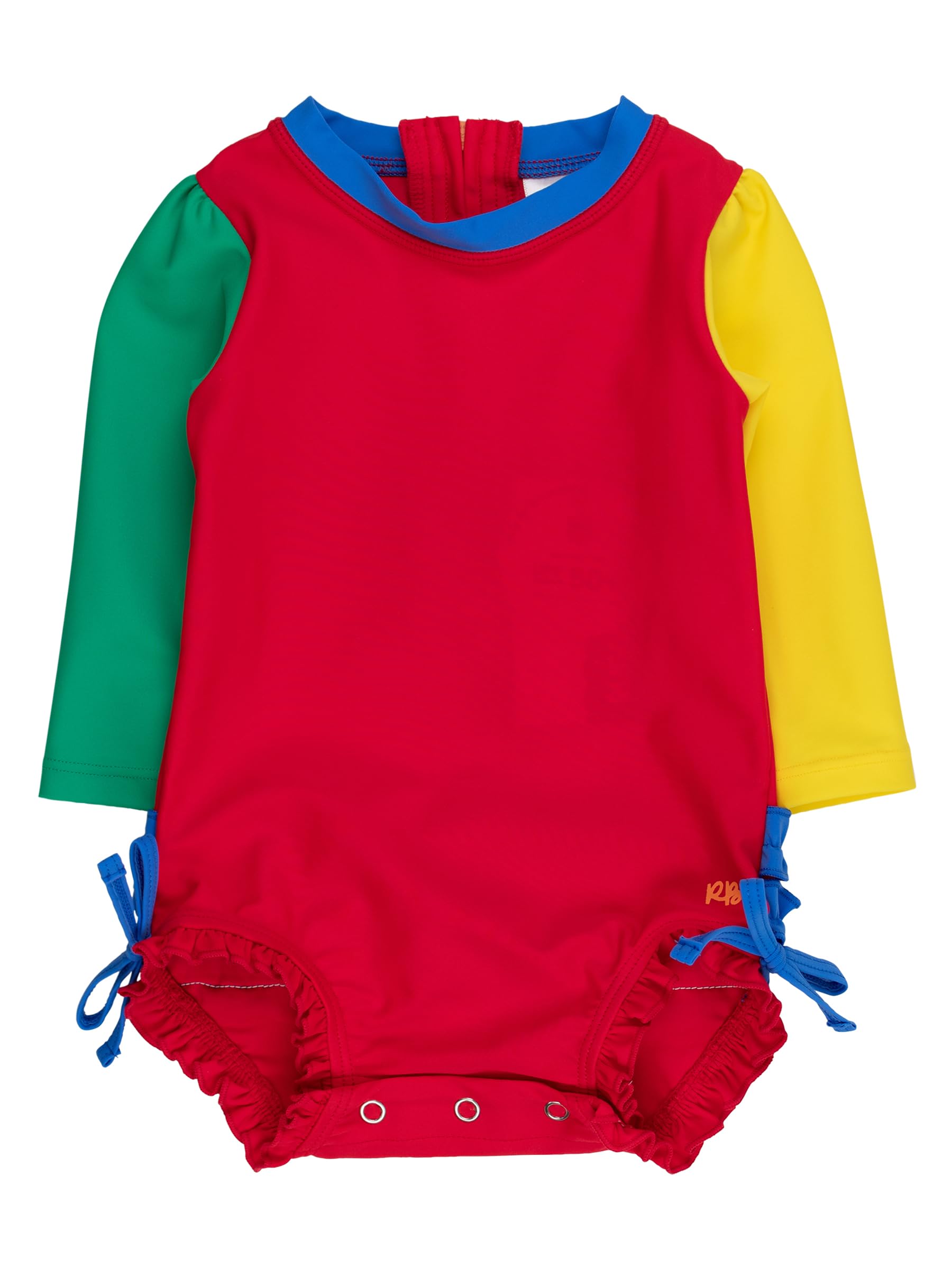 RuffleButts Baby Girls UPF 50+ Sun Protection Novelty Print Long Sleeve One Piece Rash Guard Swimsuit with Zipper - Primary Color Block, 6-12m Image