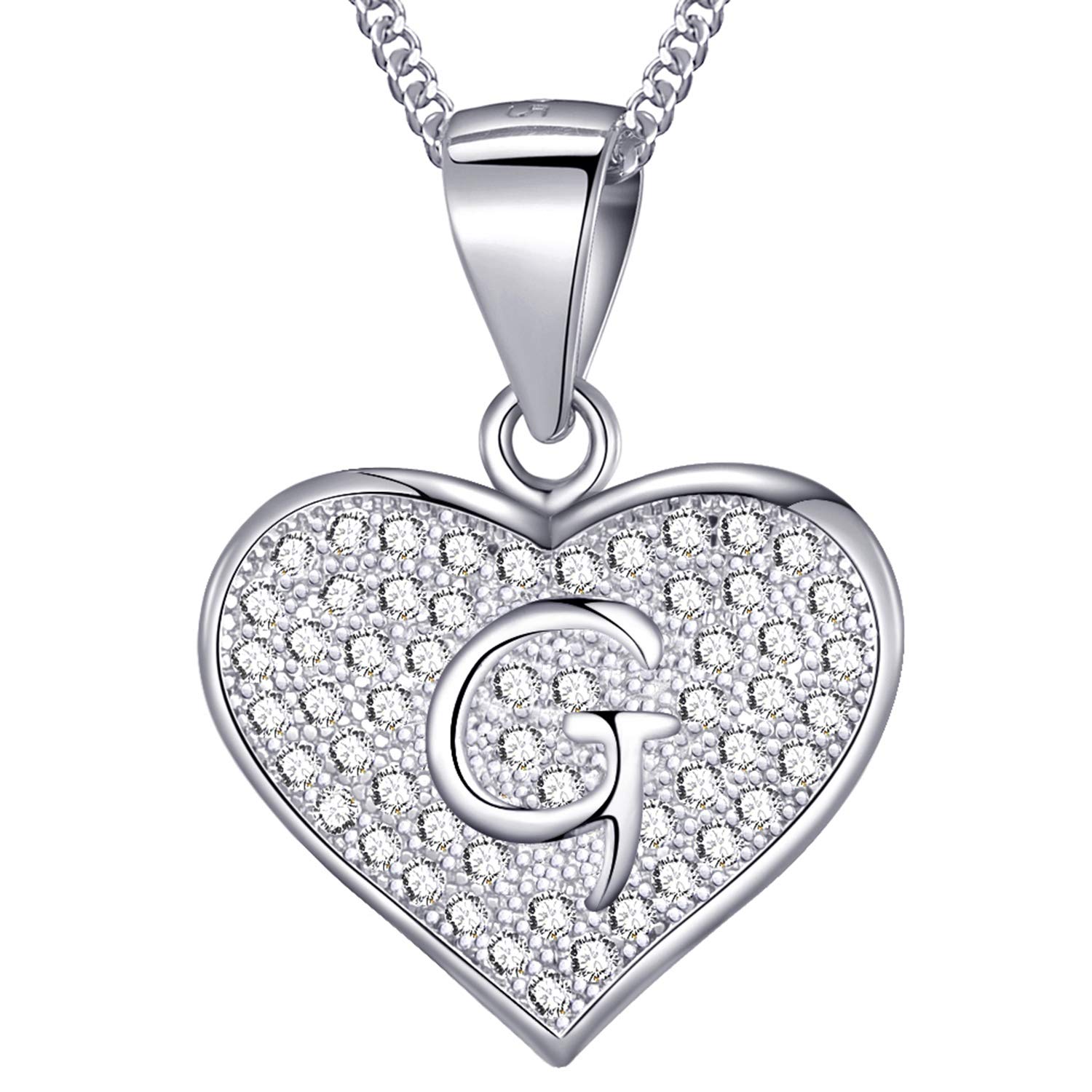 MASADA 925 Sterling Silver Heart Letter Necklace - Initial Pendant with Zircon Stones - Letter G - Personalised Alphabet, Teens & Girls - 46 cm - 18 inch Chain in Velvet Bag