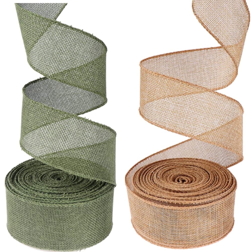 HEZUNHZ 2 Rolls Burlap Ribbon, Natural Jute Craft Ribbon for Christmas Wedding Gifts DIY Packing Vintage Party Decoration (Style 1)