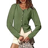 Saodimallsu Womens Puff Long Sleeve Cardigan Sweaters Fall Button Down Lightweight Knit Crew Neck Sweater Shirts