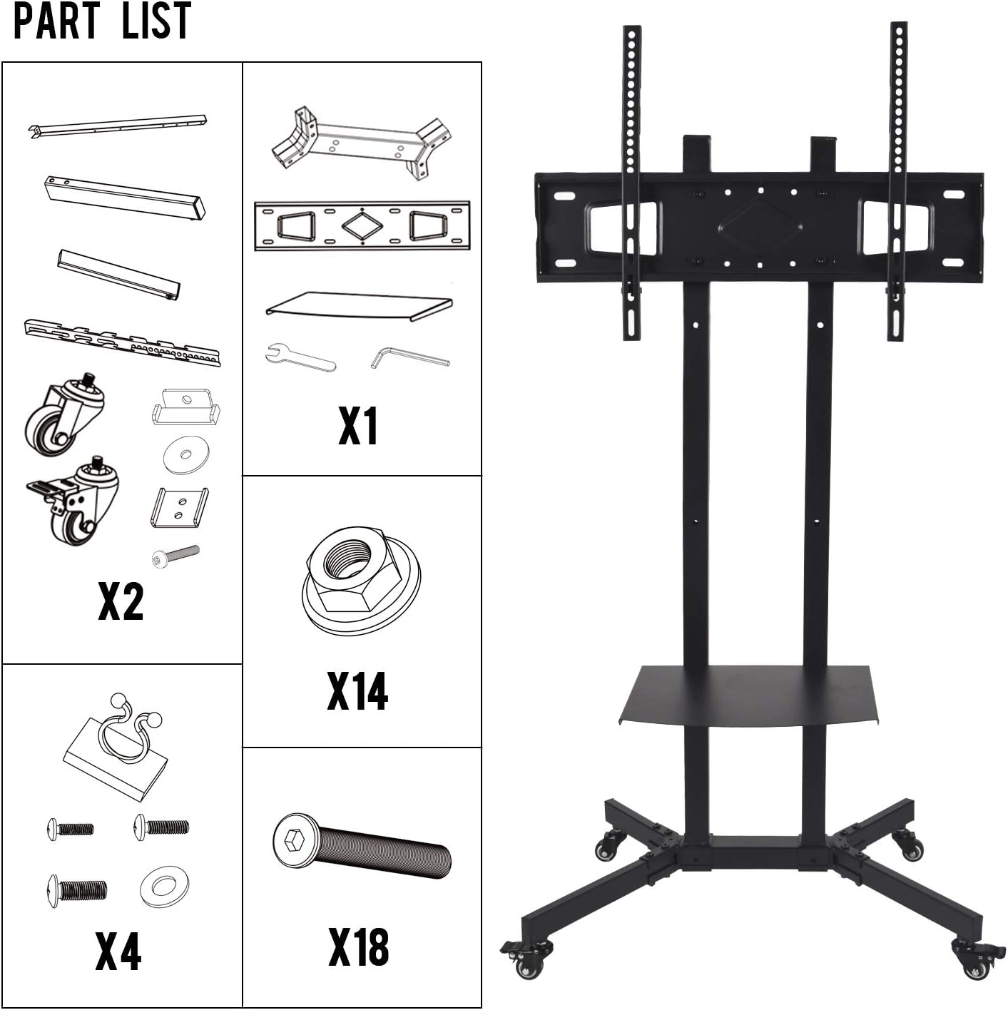 Mobile TV Stand TV Cart with Height Adjustable Shelf Rolling Casters and Flat Screen Mount for 32" to 65" LCD LED OLED Plasma Flat Panel Screens Curved TV with Max VESA Size 600x400mm : Office Products