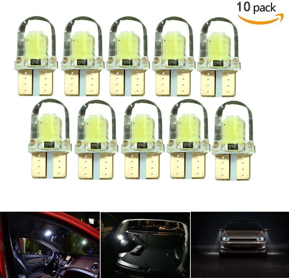 HyFLumen T10 White Led Car Light Bulbs 10 Pack - 194 W5W COB 8 SMD 6500K 2W 12V Auto Lights - Replacement Front Side Map Read Interior Dashboard License Number Plate Lamps - [10Pack-White]