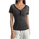 SHENHE Women's Striped Short Sleeve Henley T Shirt V Neck Button Up Y2k Gothic Fitted Tee Top