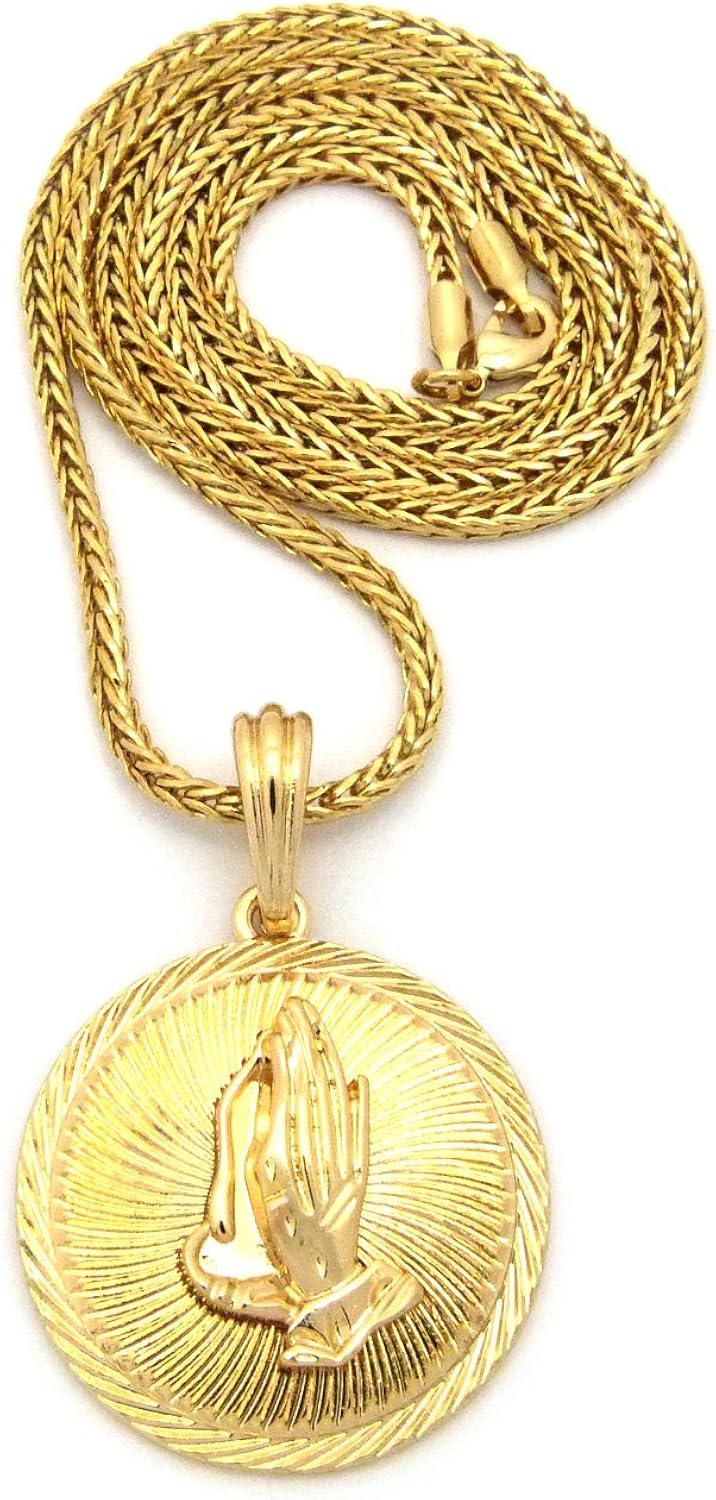 Gold Tone Praying Hands Pendant 3mm 24" Franco Chain Necklace XSP455GFR