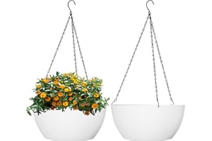 13 inch Large Hanging Planters Plant Pots for Outdoor Indoor Plants with Drainage Holes and Chain, 2 Pack Round Hanging Flowe