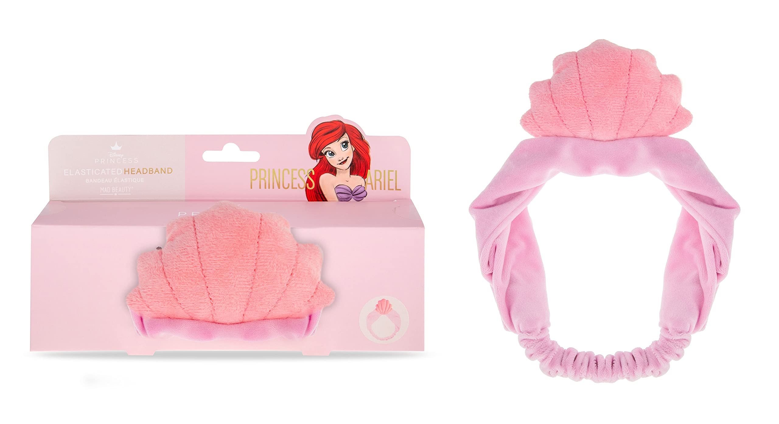 The Little Mermaid Ariel Makeup Spa Headband Disney | MAD Beauty | Cosmetic Fluffy Shell | Elastic Accessories Super Soft & Gentle | Cute Skincare Gift for Women, Adults – Pink