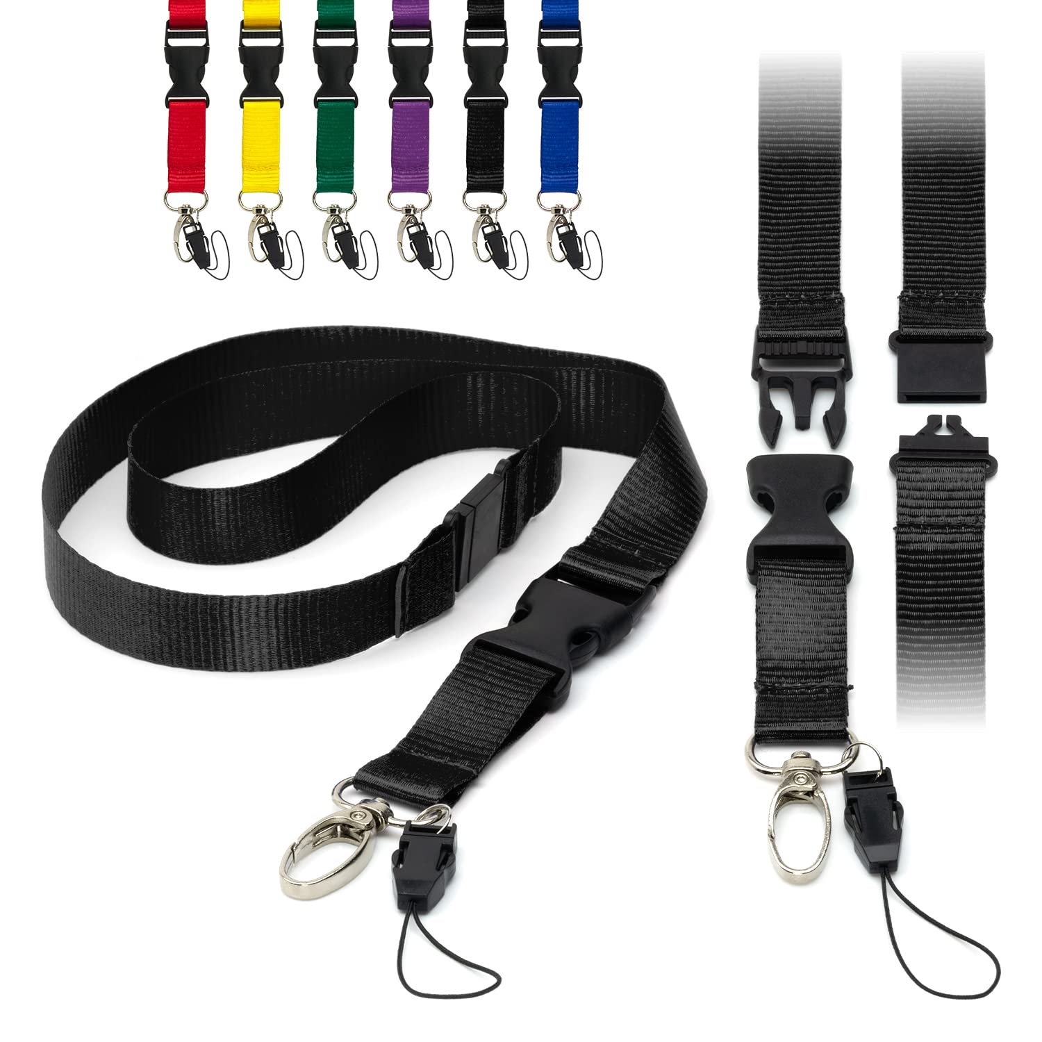 Black Detachable 2cm Flat Lanyards with Buckle, Safety Breakaway Pull, Metal Clip, and Loop String ID Badge Holders Lanyard Neck Strap by LanyardsTomorrow Pack of 10