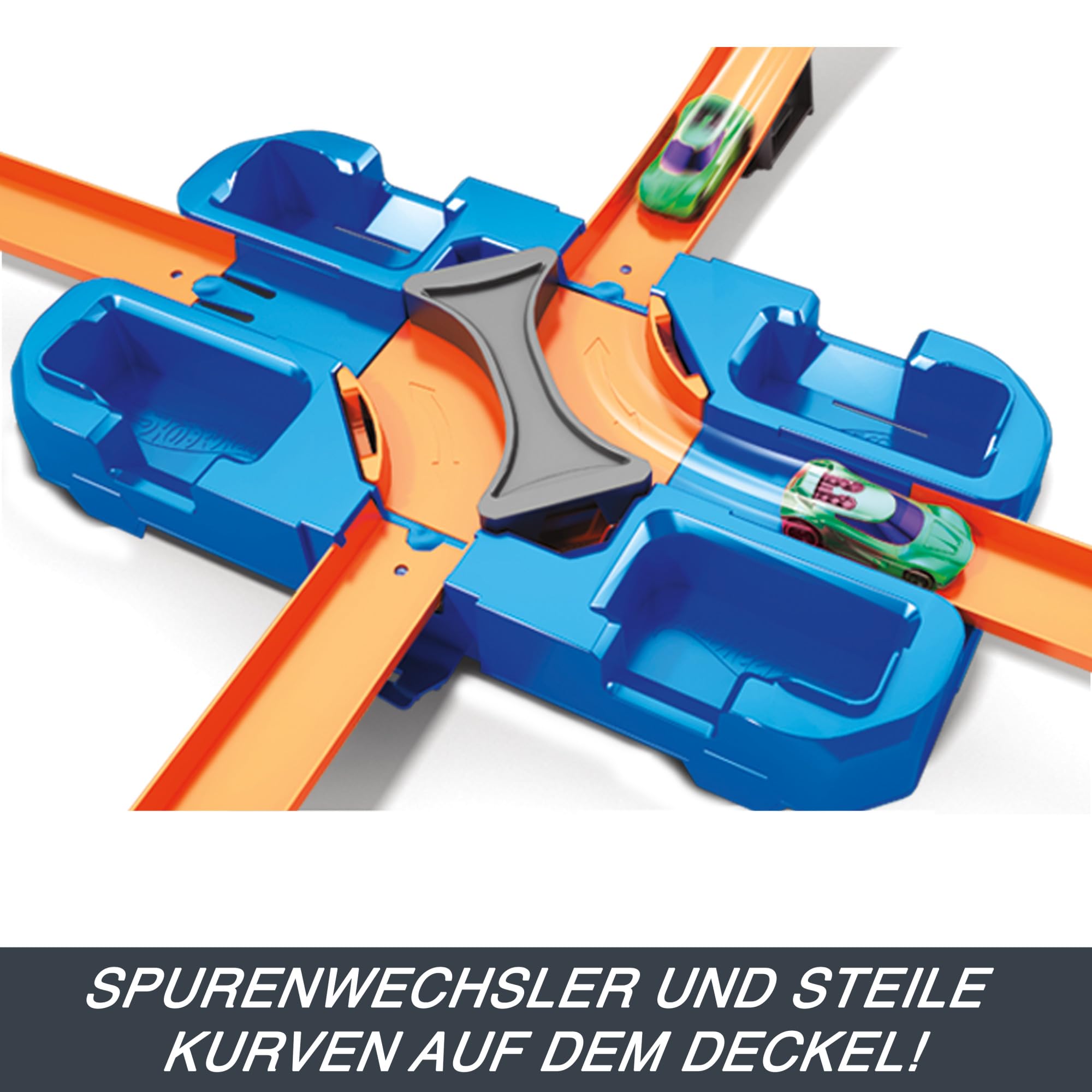Hot Wheels Bahn Track Builder, Autorennbahn Bauset für Hot Wheels Autos, inkl. 2 Spielzeugautos, Spurwechsler, steile Kurven, Crashzone, Auto Spielzeug, Spielzeug ab 4 Jahre, GGP93 5
