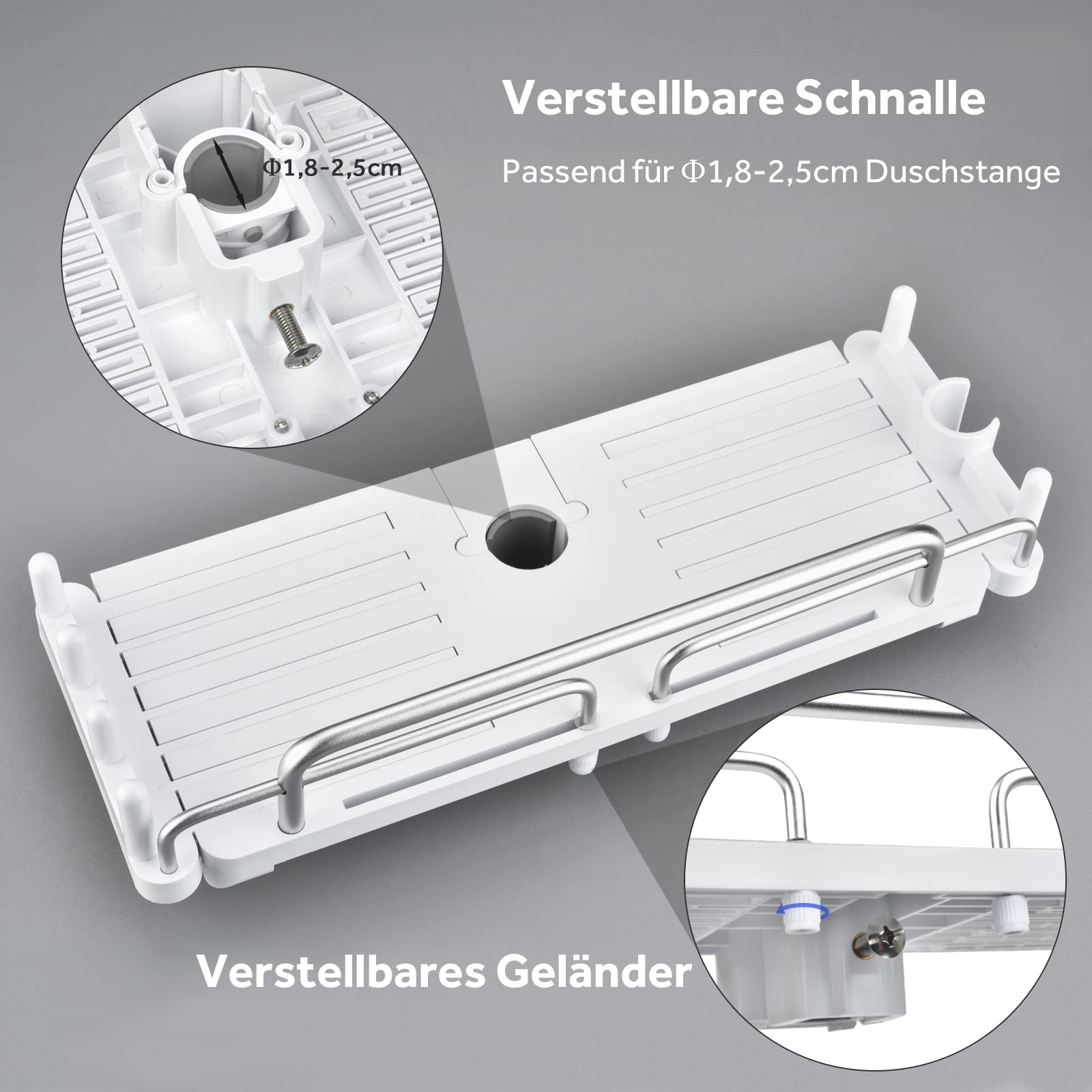 LOLYPOT Duschablage Ohne Bohren Teleskopisch 32-48cm, Duschablage zum hängen Badezimmer Organizer, Duschregal Ohne Bohren, Duschstangen-Aufbewahrungsregal für 18 mm-25 mm Duschstange (Weiß) 3