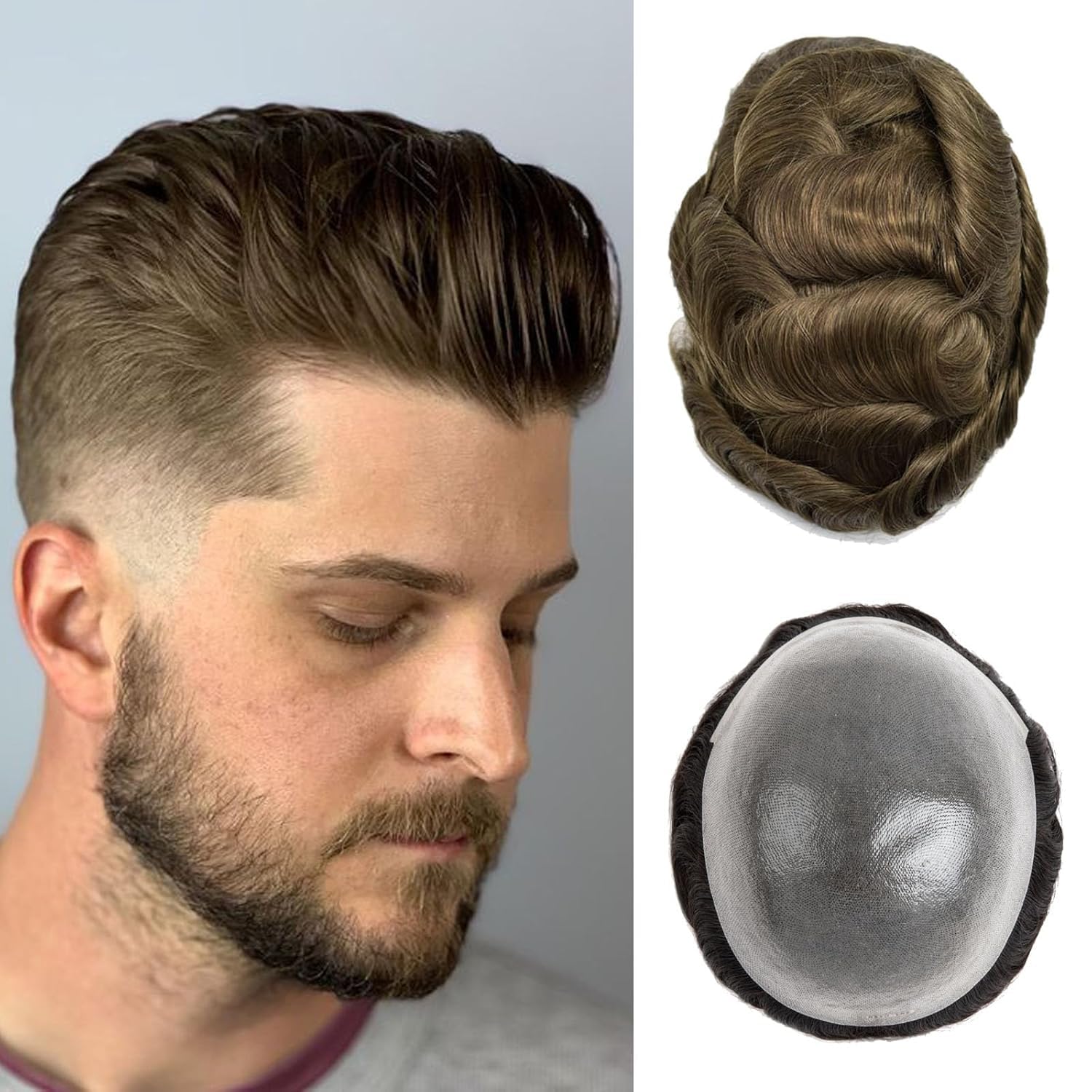 Toupee For Men 0.1mm Poly Skin Human Hair System For Men Men'S Toupee V-Loop Knots Durable Pu Toupee Human Hair Mens Wig Base Size 8X10 Inch 120% Density （#6）