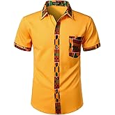 LucMatton Men's Kente Print Short Sleeve Button Down Dress Shirt African Attire Tribal Graphic Dashiki Shirts