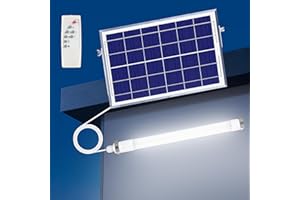 MEIHONG Solar Powered Shop Light with Dusk to Dawn Sensor, IP65 Waterproof Outdoor Shop Light, Solar Indoor Lights with Timer & Remote for Garage, Barn, House, Coop - Daytime Available