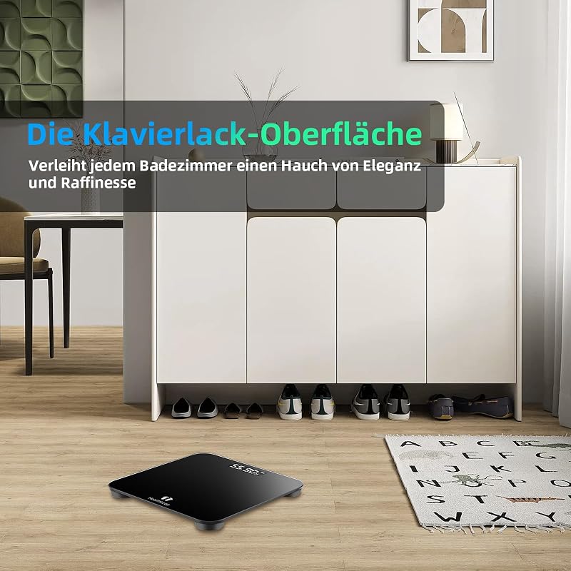 Personenwaage, Körperwaage mit Hochpräzisions-Sensoren, Personen Digitalwaage mit Step-On-Technik, Gewichtswaage aus Sicherheitsglas, Schwarz (260 schwarz 202403)