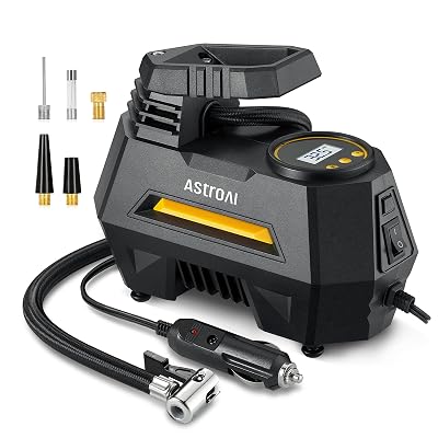 AstroAI Tire Inflator Portable Air Compressor Tire Air Pump for Car Tires - Car Accessories, 9.8Ft Cord 12V DC-Powered Auto Pump with Digital Pressure Gauge, LED Light for Bicycle, Balloons, Yellow