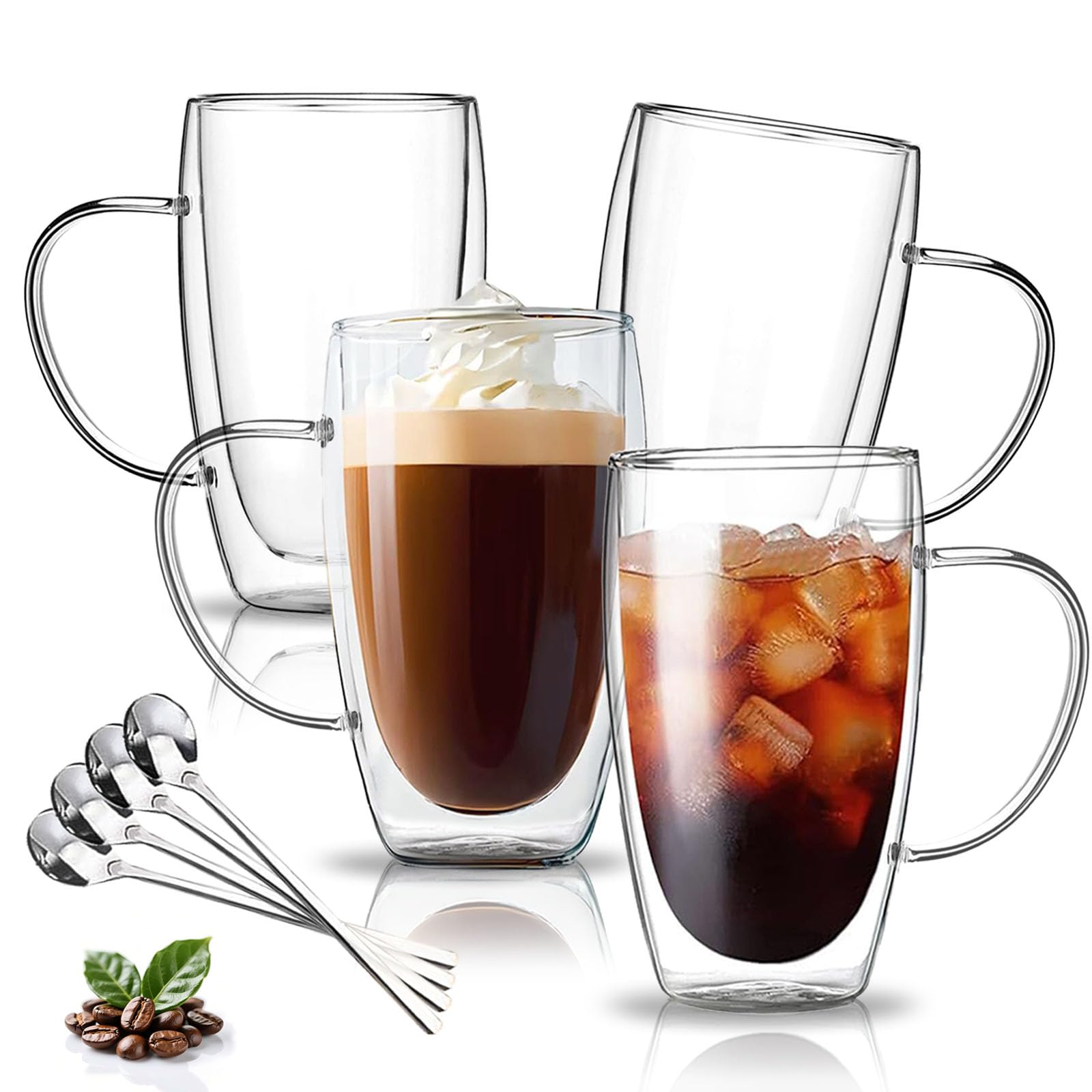 Photo 1 of ***(MISSING 1/ NOT A COMPLETE SET)***DINGPAl 15 oz Double Walled Glass Coffee Mugs, Set of 4 Large Double Wall Layer Coffee Mug Insulated Borosilicate Glass Cups with Handle and Spoon for Latte, Cappuccino, Espresso, Americano
