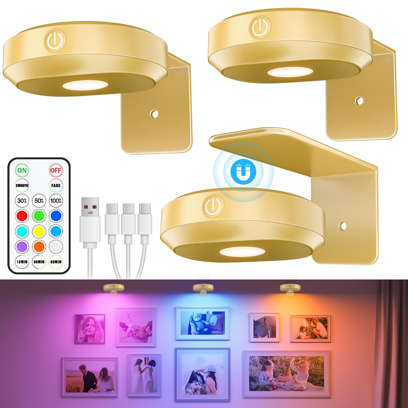 Photo 1 of WILLED Poster Lights,Picture Lights RGB,Art Display Lighting for Paintings,Rechargeable Battery Operated for Wall Lights Wireless,Gallery Light 9RGB Colors,Puck Light with Remote