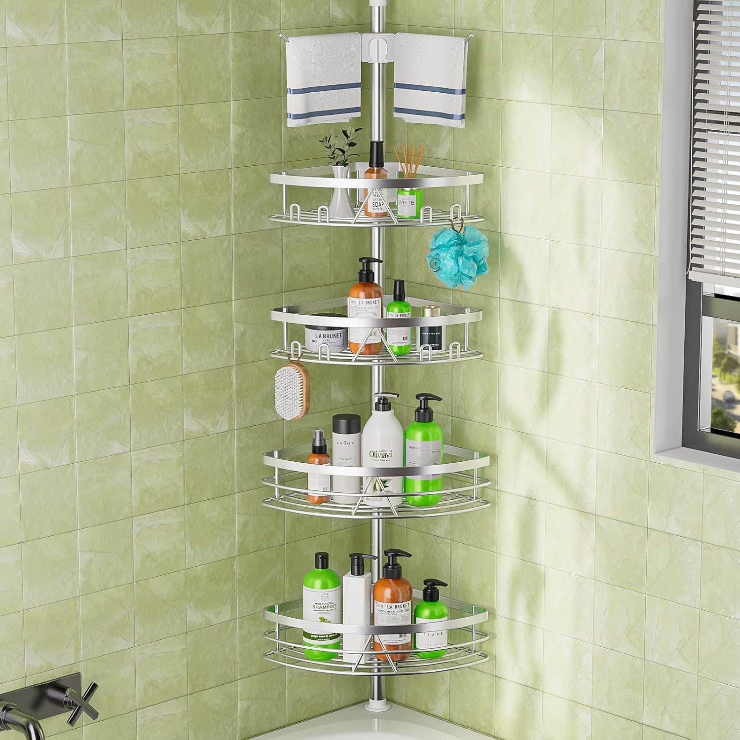 Photo 1 of Dicasser Corner Shower Caddy - Tension Pole Rod Organizer, Floor to Ceiling 20-113 inch, Adjustable Towel Rack Waterproof Rustproof, Stainless Steel
