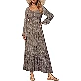 Dokotoo Womens Dresses Spring Summer 2026 Boho Floral Smocked Empire Waist Square Neck Long Sleeve Button Beach Maxi Dress
