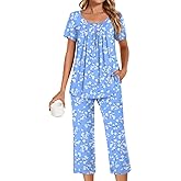 POPYOUNG Womens Pajama Sets Summer Ladies Pjs 2 Piece Loungewear Capri with Pockets Sleepwear