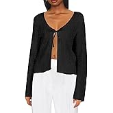 Saodimallsu Womens Summer Crochet Lightweight Cardigans Tie Front Mesh Knit Long Sleeve Casual V Neck Beach Cover Ups