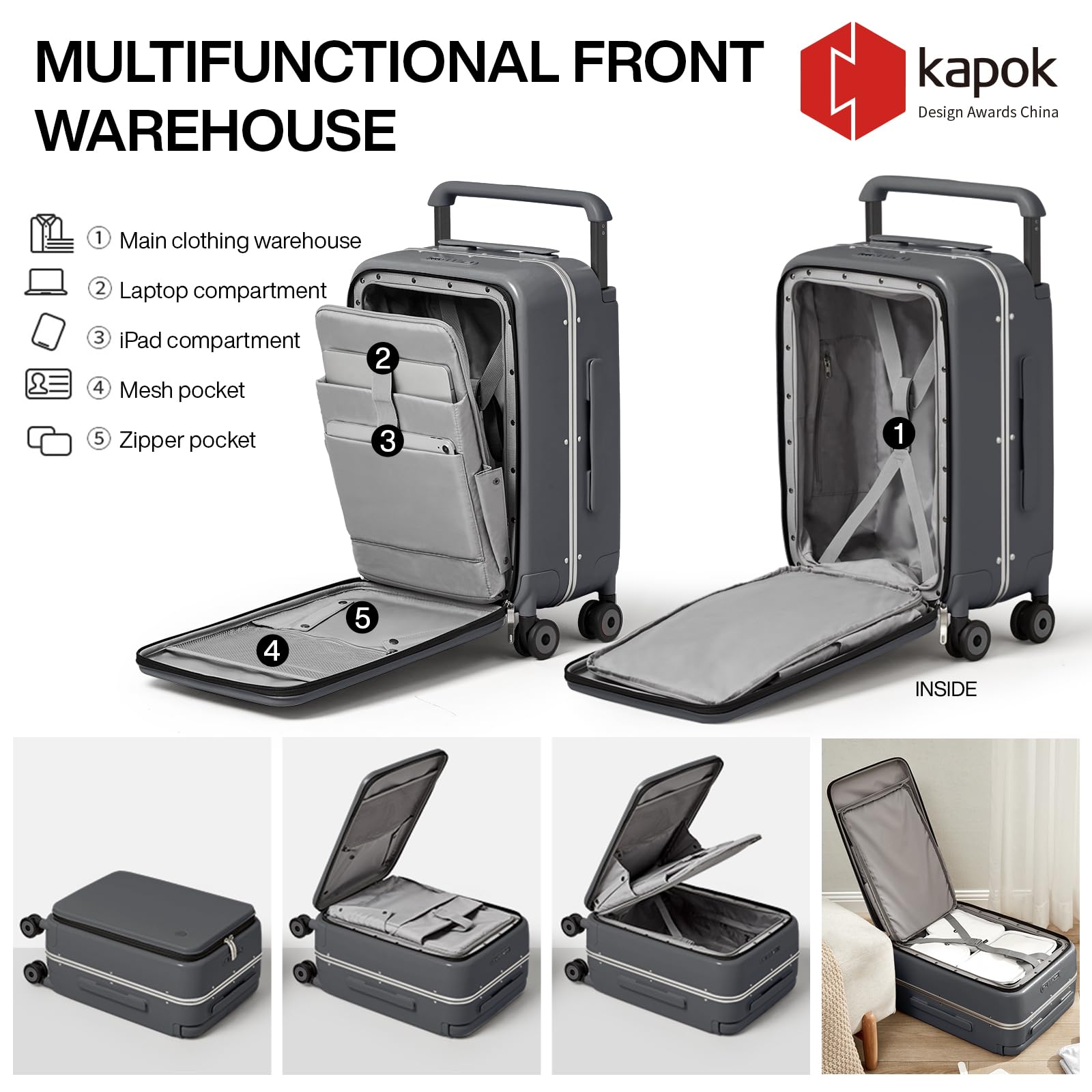 mixi Carry On Luggage Wide Handle Luxury Design Rolling Travel Suitcase PC Hardside with Aluminum Frame Hollow Spinner Wheels, with Cover, 20 inch, Rock Grey