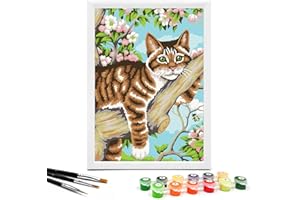 Nariolar Paint by Numbers for Kids Ages 8-12 with 7X9.5 inch Pre-Printed Cardboard,12 Acrylic Paint Pots and 3 Painting Brushes, Room Decor for Children,(Cat in The Tree)
