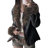 BAIMORE Women's Winter Fluffy Fur Trim Lapel Button Warm Motorcycle Faux Leather Jacket