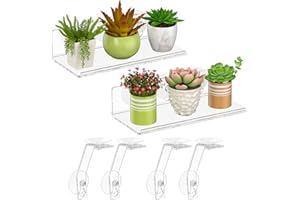 NPPLUS 2 Pack Acrylic Suction Cup Shelf, Tool Free Window Plant Shelves With Legs, 12 Inches Clear Acrylic Indoor Ledge Garden Stand with for Growing Herbs, Microgreens, Succulents,Etc.